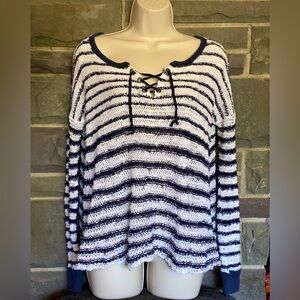 NWOT Free People oversize sweater,open knit,white/black stripe/corset neck, S